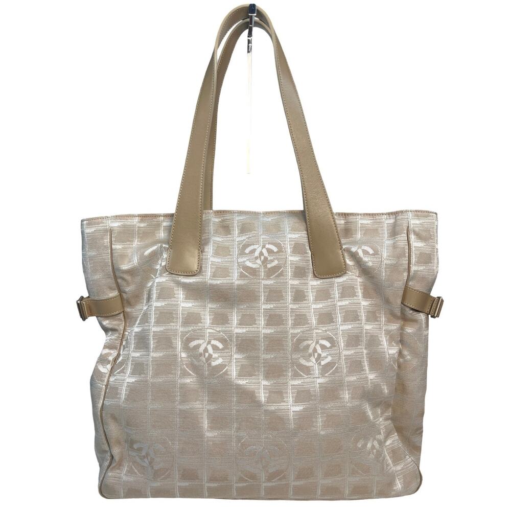 Chanel Travel Line Beige Jacquard CC Tote Bag Nylon Leather Shoulder Bag Italy